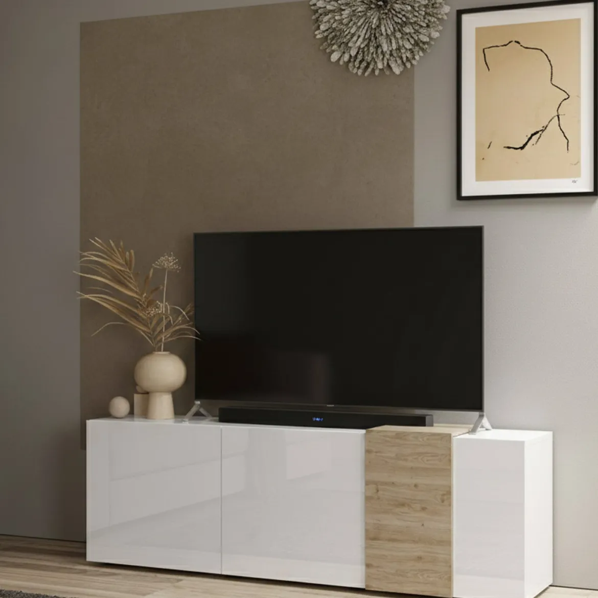 Mobile TV bianco lucido e rovere 181x44x59h cm 3 ante - Sidr