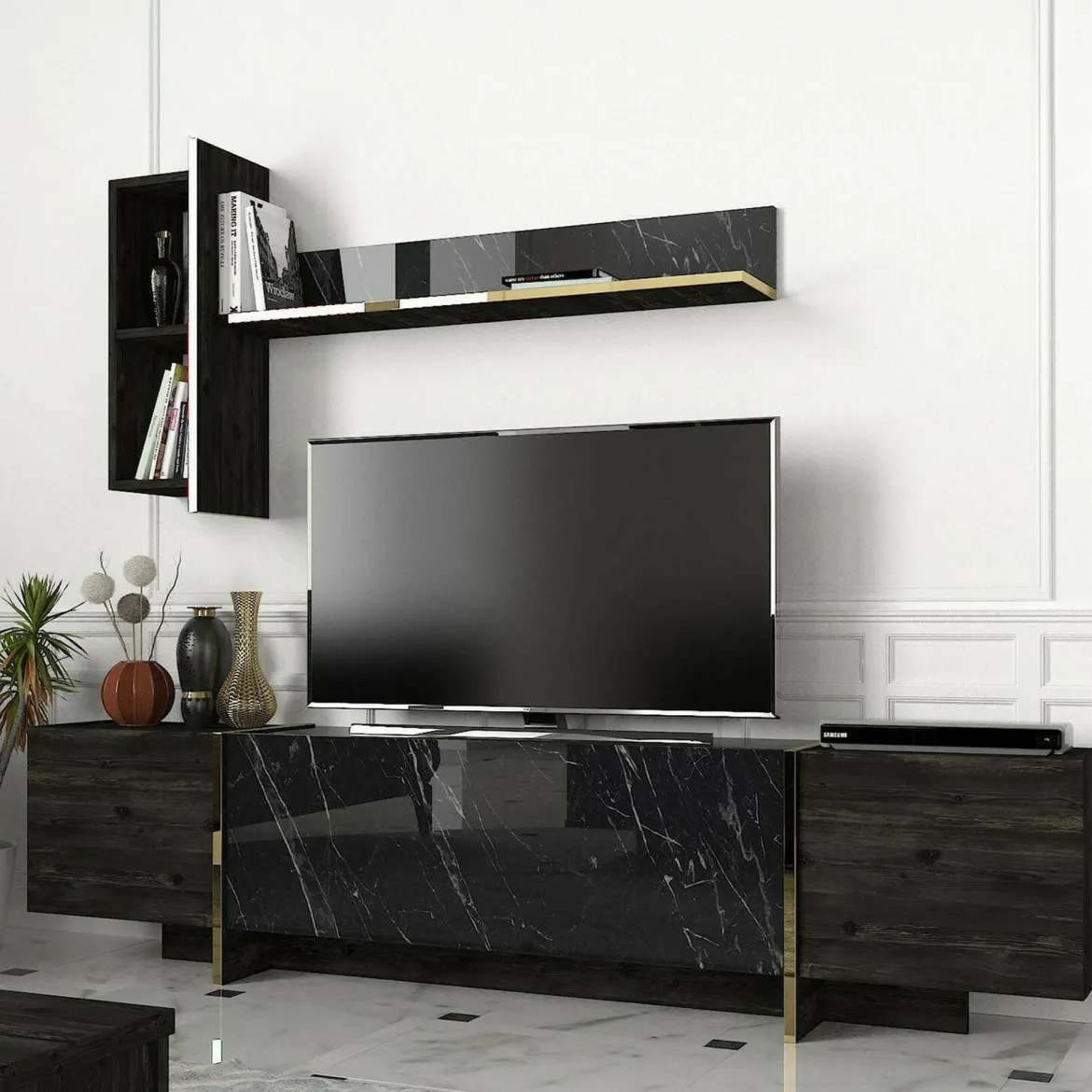 Mobile TV nero e oro 180x32x45h cm 3 ante - Beinasco