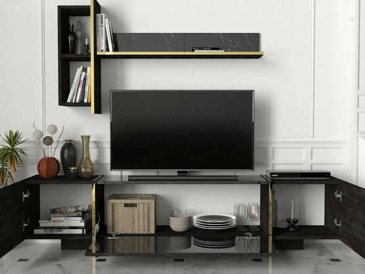 Mobile TV nero e oro 180x32x45h cm 3 ante - Beinasco