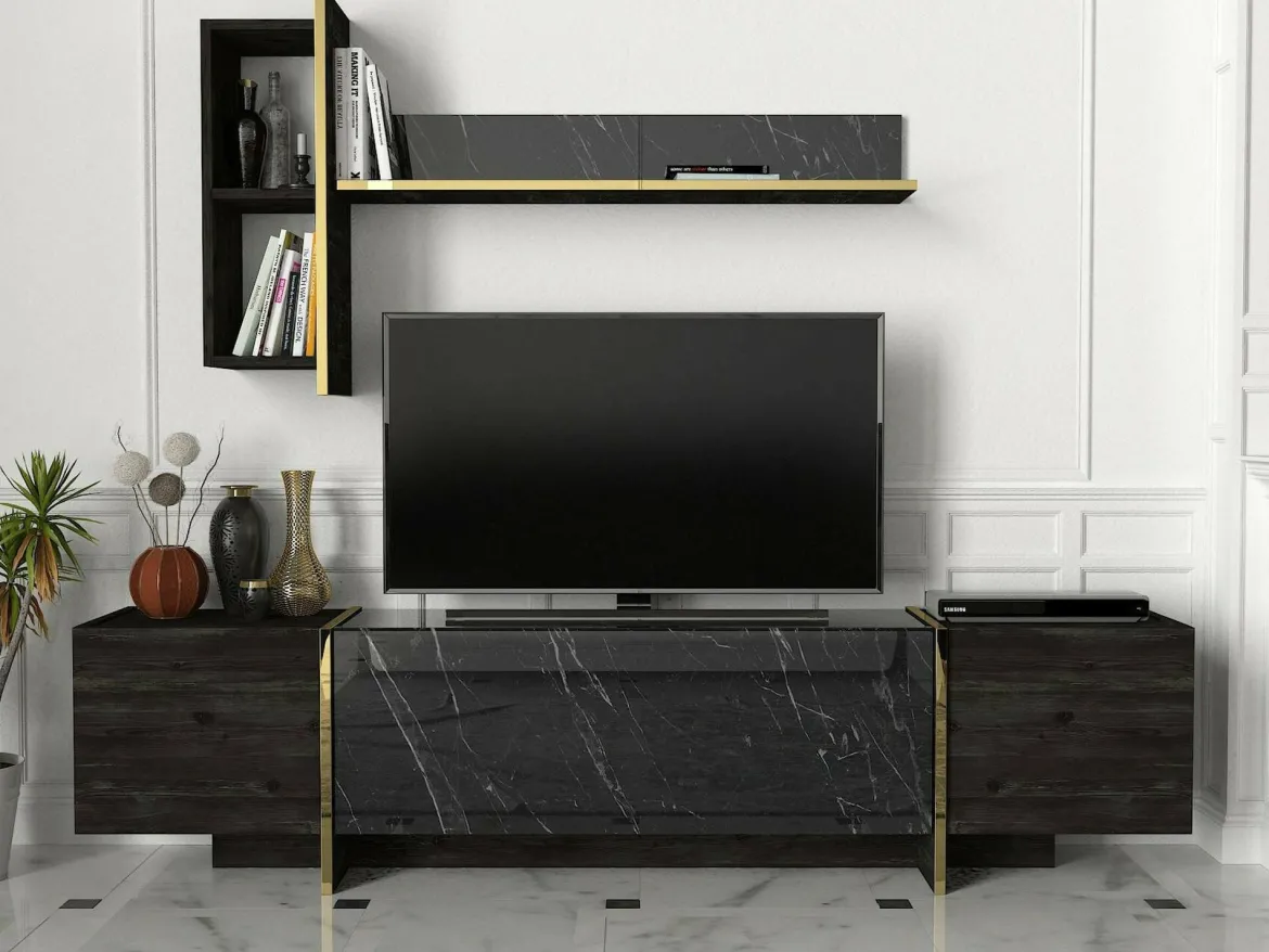 Mobile TV nero e oro 180x32x45h cm 3 ante - Beinasco