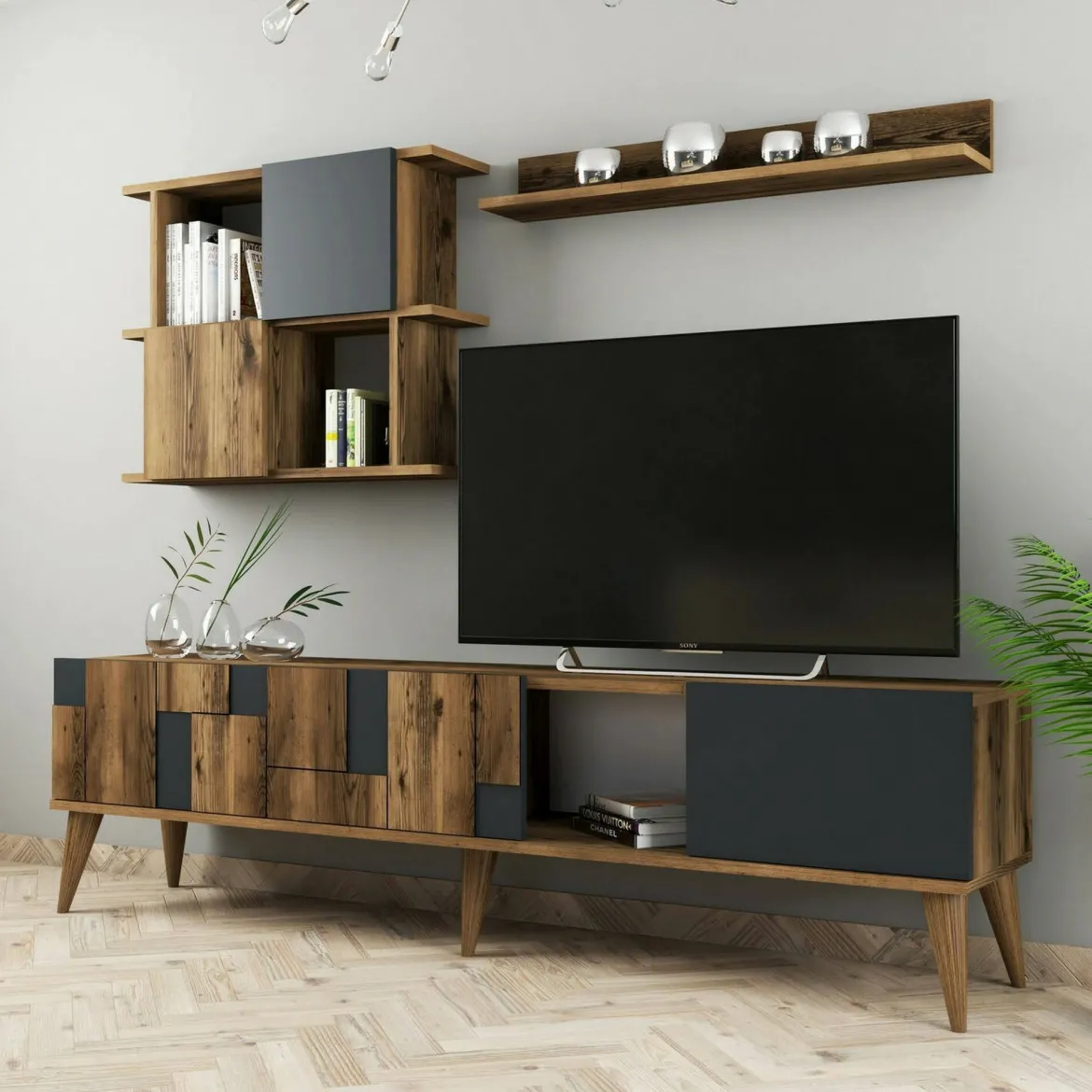 Mobile TV noce e antracite 180x33x48h cm 4 ante - Dora