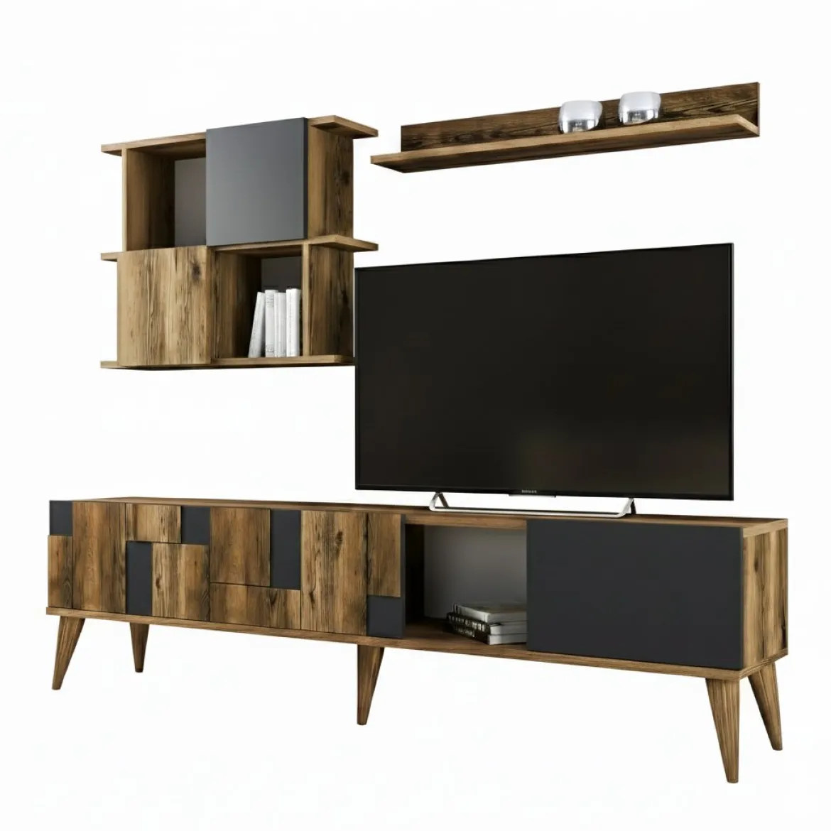 Mobile TV noce e antracite 180x33x48h cm 4 ante - Dora