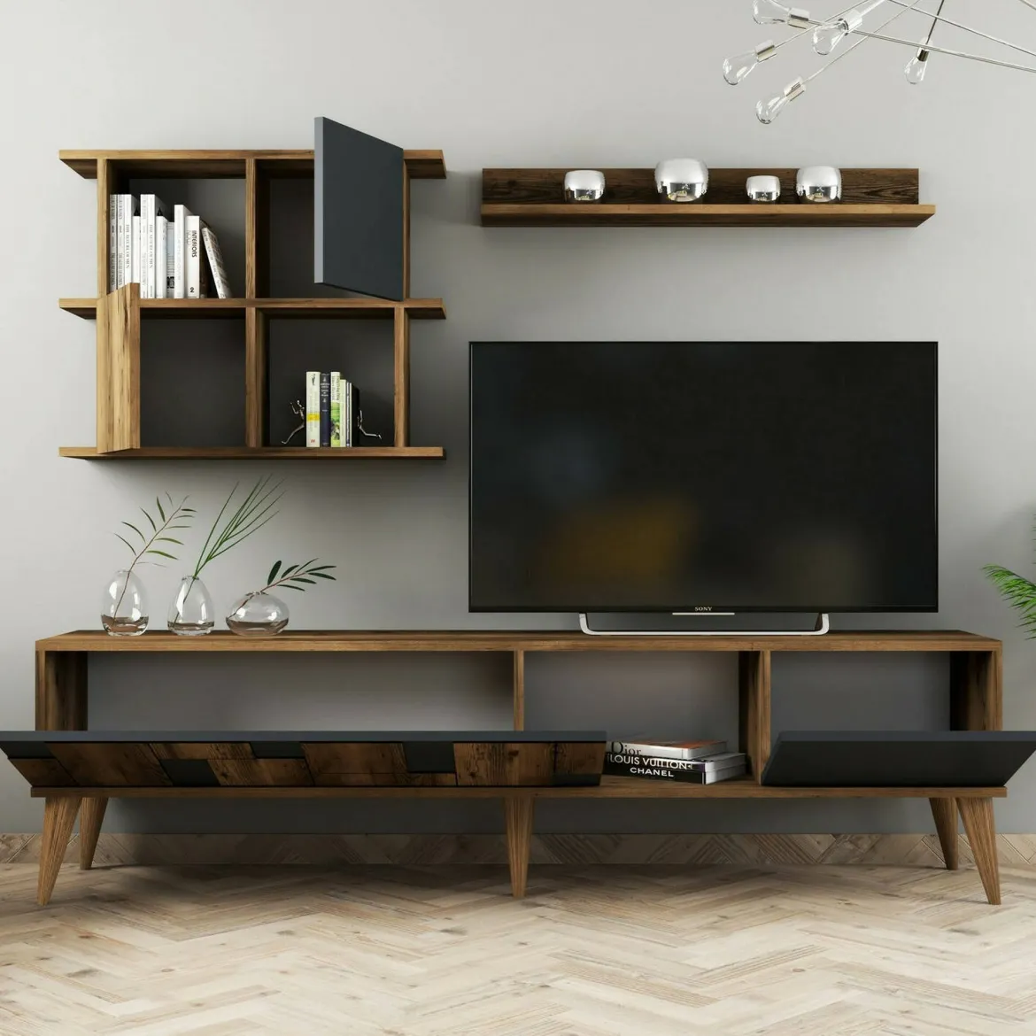 Mobile TV noce e antracite 180x33x48h cm 4 ante - Dora