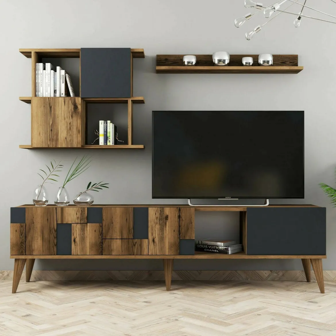 Mobile TV noce e antracite 180x33x48h cm 4 ante - Dora