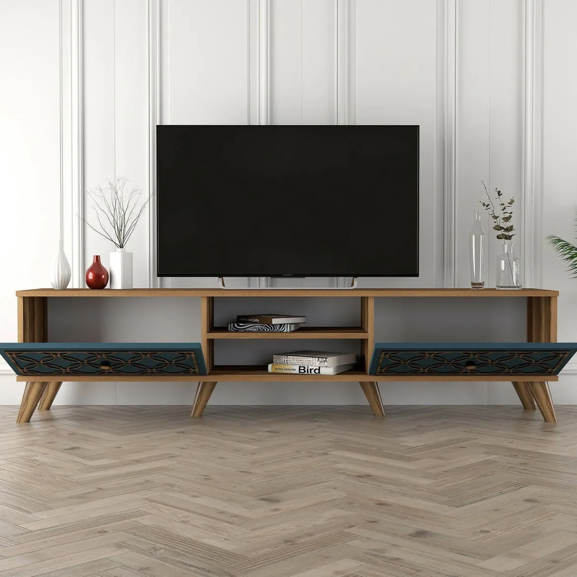 Mobile TV noce e blu 180x35x44h cm 2 ante - Albonese