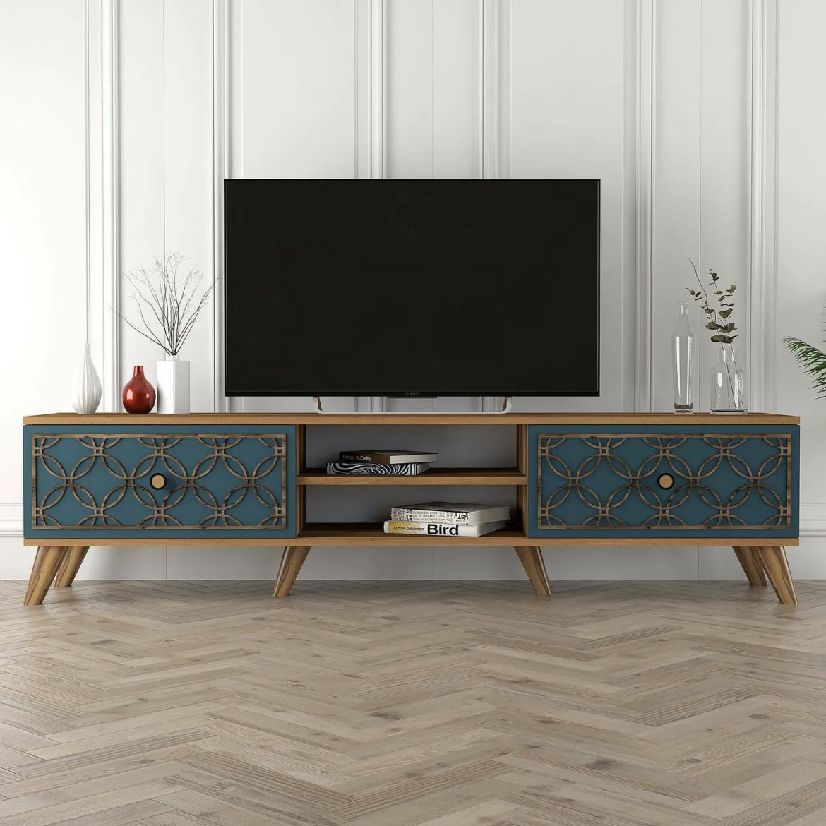 Mobile TV noce e blu 180x35x44h cm 2 ante - Albonese