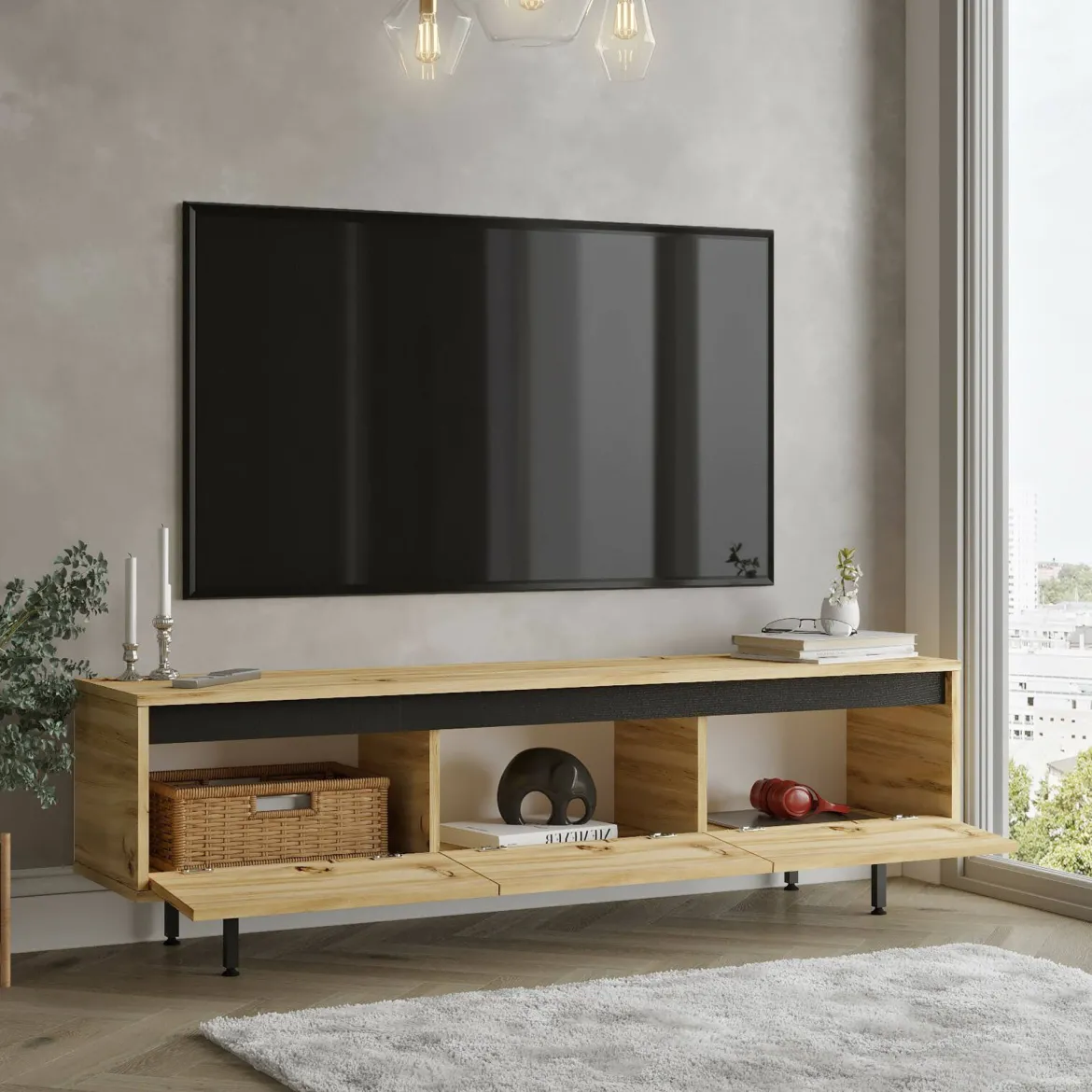Mobile TV quercia e nero 180x40x60h cm 3 ante - Assemini