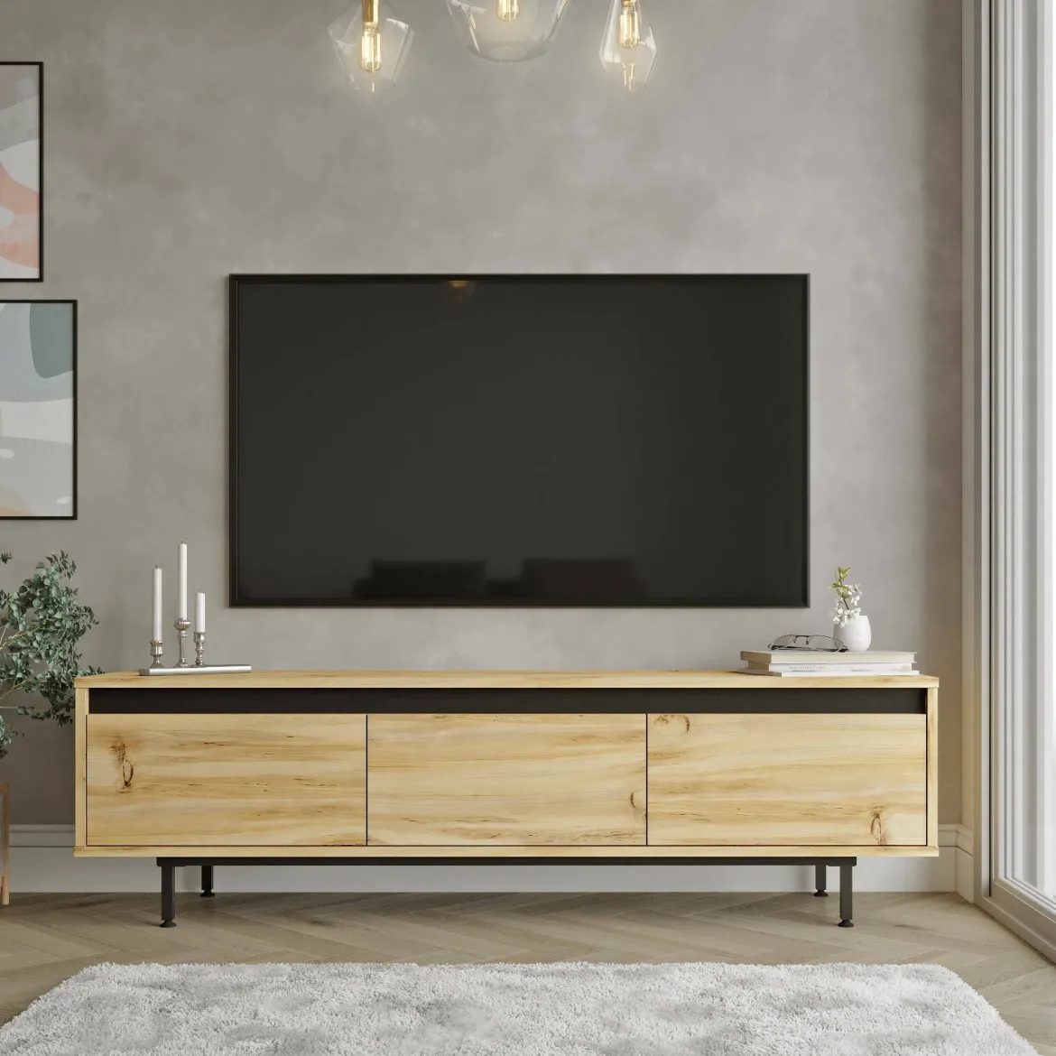Mobile TV quercia e nero 180x40x60h cm 3 ante - Assemini