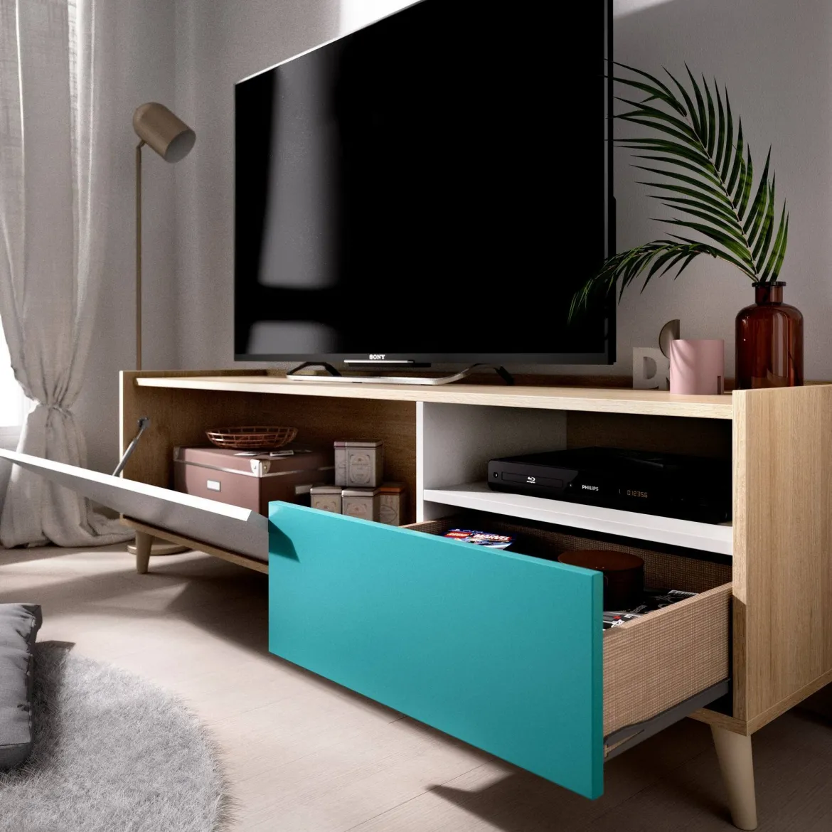 Mobile TV rovere e grigio 155x43x47h cm modulabile con 1 cassetto - Axterix
