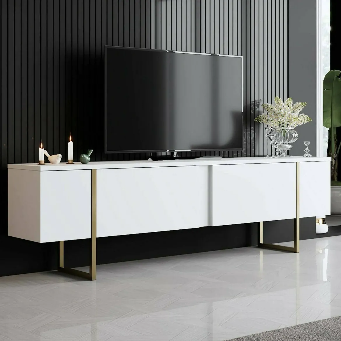 Mobile TV 180x30x50h cm Bianco e Oro con 2 Ante e Ripiano, Mobile Basso Salvaspazio in Legno e Metallo per Soggiorno Moderno – Abishia