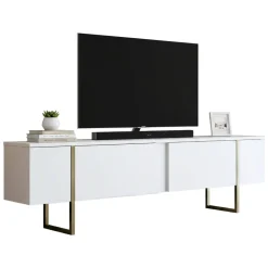 Mobile TV 180x30x50h cm Bianco e Oro con 2 Ante e Ripiano, Mobile Basso Salvaspazio in Legno e Metallo per Soggiorno Moderno – Abishia