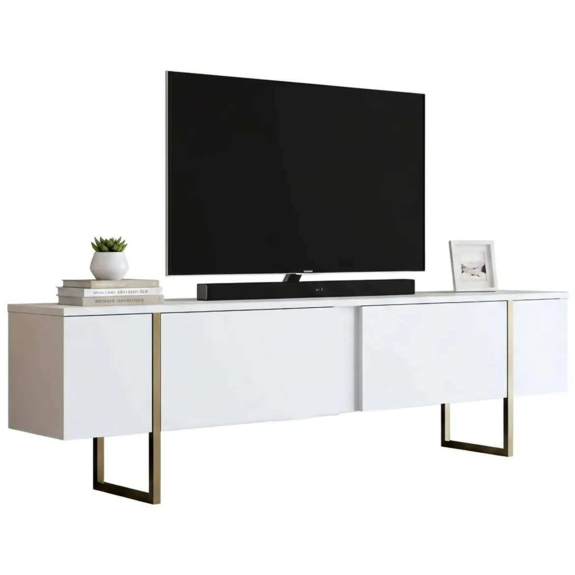 Mobile TV 180x30x50h cm Bianco e Oro con 2 Ante e Ripiano, Mobile Basso Salvaspazio in Legno e Metallo per Soggiorno Moderno – Abishia
