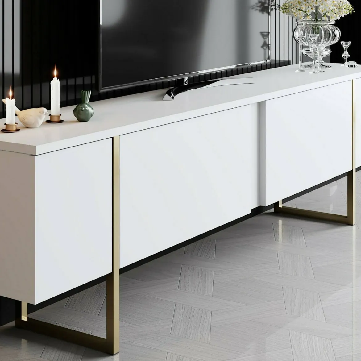 Mobile TV 180x30x50h cm Bianco e Oro con 2 Ante e Ripiano, Mobile Basso Salvaspazio in Legno e Metallo per Soggiorno Moderno – Abishia
