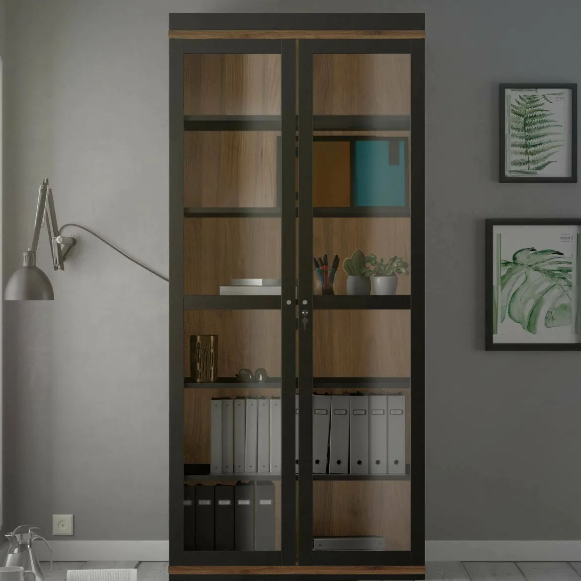 Mobile vetrina 2 ante 88x36x200h cm nero e noce - Axinte