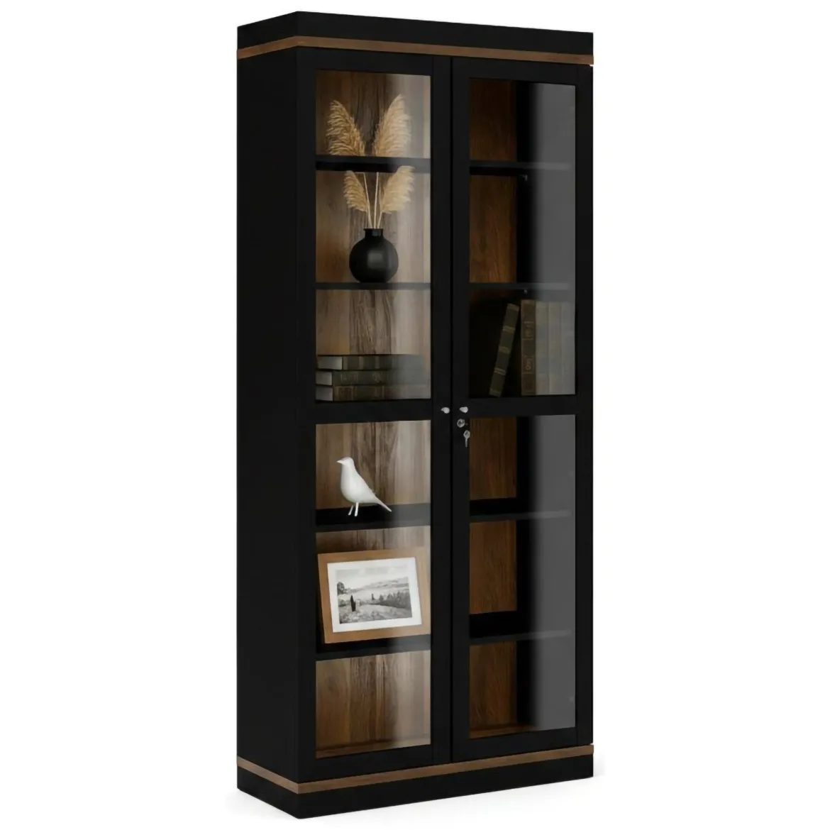 Mobile vetrina 2 ante 88x36x200h cm nero e noce - Axinte