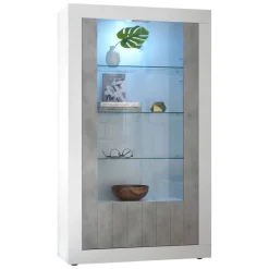 Mobile vetrina moderno 2 ante 110x42x190h cm bianco lucido e cemento - Alabama