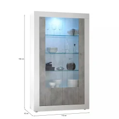 Mobile vetrina moderno 2 ante 110x42x190h cm bianco lucido e cemento - Alabama