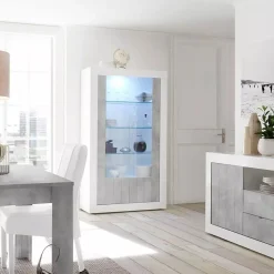 Mobile vetrina moderno 2 ante 110x42x190h cm bianco lucido e cemento - Alabama