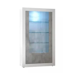 Mobile vetrina moderno 2 ante 110x42x190h cm bianco lucido e cemento - Alabama