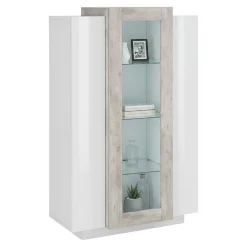 Mobile vetrina salotto 3 ante 80x38x121h cm bianco lucido e cemento - Ablaze