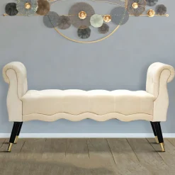 Panca Bianco Crema Nero in Velluto, con Braccioli e Dettagli Dorati Materiale Struttura in Tessuto 120x40x60h cm, Colore Seduta Bianco - Humahu