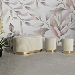 Panca Bianco Crema oro con due Sgabelli, Panca Contenitore Materiale Struttura in Metallo 80x37x42h cm, Colore Seduta Bianco - Soroti