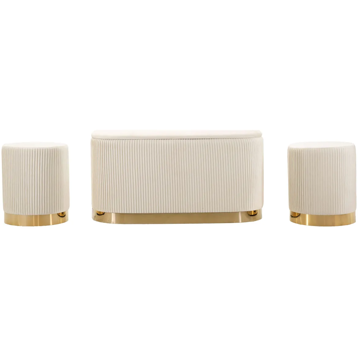 Panca Bianco Crema oro con due Sgabelli, Panca Contenitore Materiale Struttura in Metallo 80x37x42h cm, Colore Seduta Bianco - Soroti