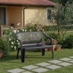 Panchina da Esterno Nero Antracite 2 Posti Impilabile 114x55x82h cm, Braccioli Made in Italy - Asmi