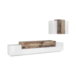 Parete attrezzata Alaskino, cm 240x45h180, Bianco lucido e Acero