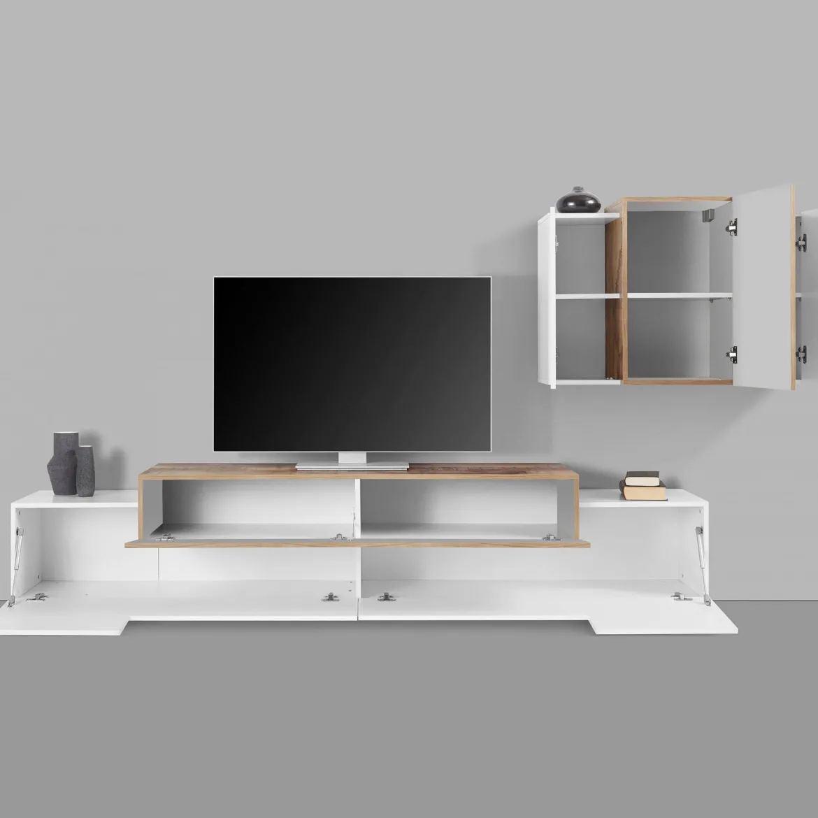 Parete attrezzata Alaskino, cm 240x45h180, Bianco lucido e Acero