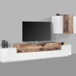 Parete attrezzata Alaskino, cm 240x45h180, Bianco lucido e Acero