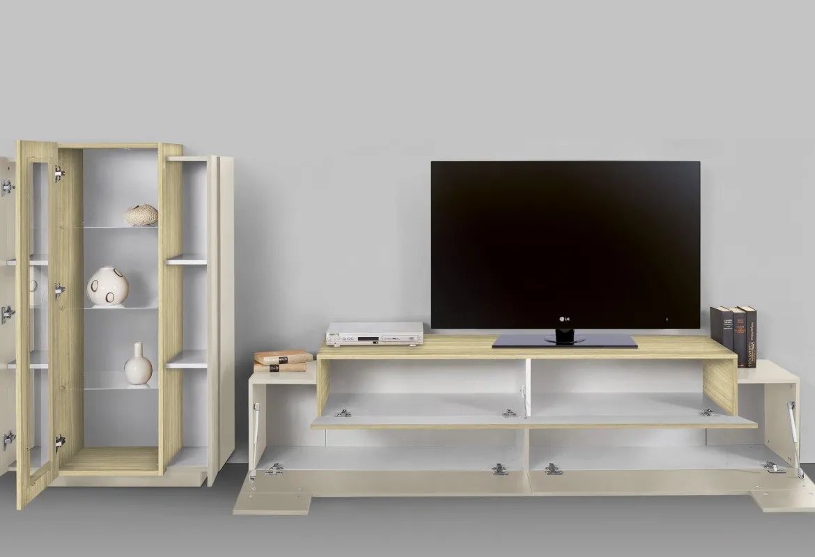 Parete Attrezzata Beige Modulabile 10 Ripiani 280x45x120.5h cm, Apertura a Ribalta, Battente - Lazzate