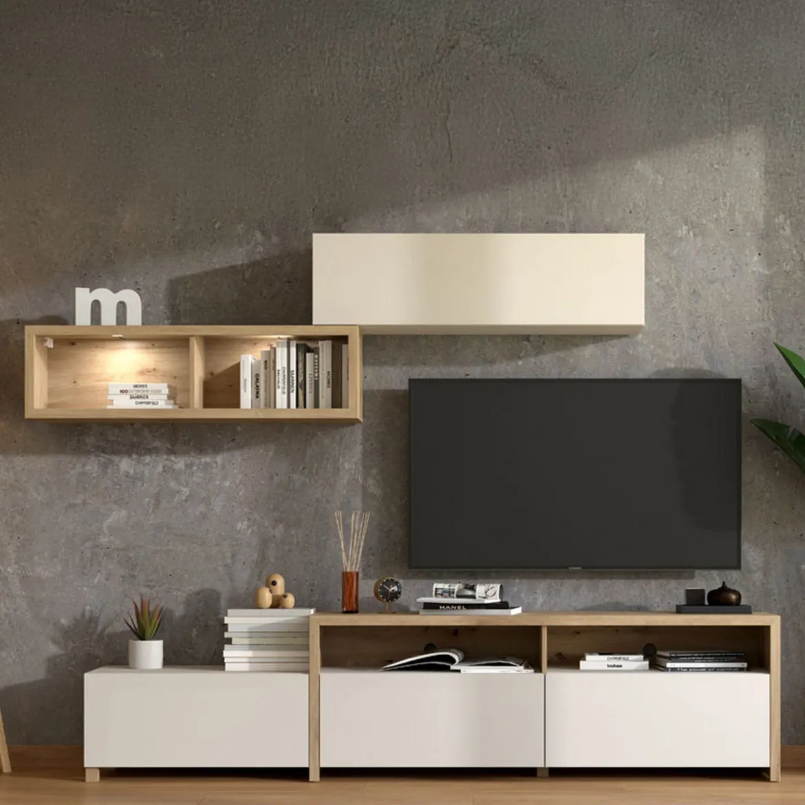 Parete Attrezzata Bianco Crema Marrone Rovere Nodi 6 Ripiani Modulabile 237.5x41.5x160.5h cm, 9 Vani - Tiana