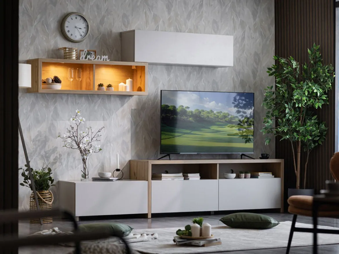Parete Attrezzata Bianco Crema Marrone Rovere Nodi 6 Ripiani Modulabile 237.5x41.5x160.5h cm, 9 Vani - Tiana