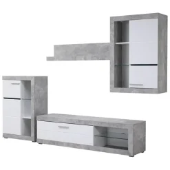 Parete Attrezzata Bianco Grigio Cemento 10 Ripiani 3 Ante 266.5x41.5x186h cm, Ripiani in Vetro - Dongo