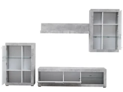 Parete Attrezzata Bianco Grigio Cemento 10 Ripiani 3 Ante 266.5x41.5x186h cm, Ripiani in Vetro - Dongo