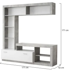 Parete Attrezzata Bianco Grigio Cemento 7 Ripiani 10 Vani 170.5x41.5x170.5h cm, Un'anta - Moggio