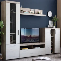 Parete Attrezzata Bianco Larice Marrone Rovere Nodi Modulabile 14 Ripiani 262x35x195h cm, Cassetti - Oggiono