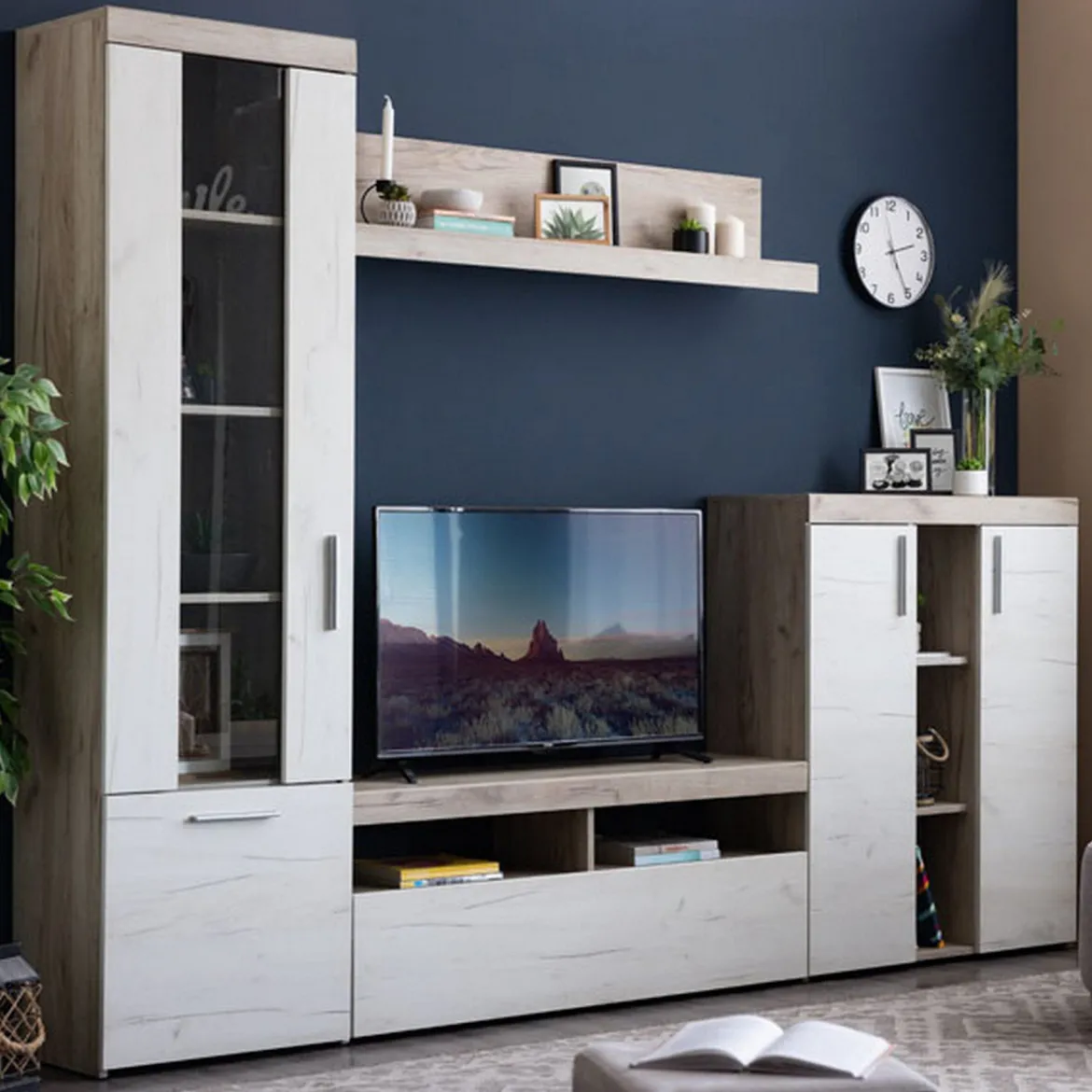 Parete Attrezzata Bianco Larice Marrone Rovere Nodi Modulabile 14 Ripiani 262x35x195h cm, Cassetti - Oggiono