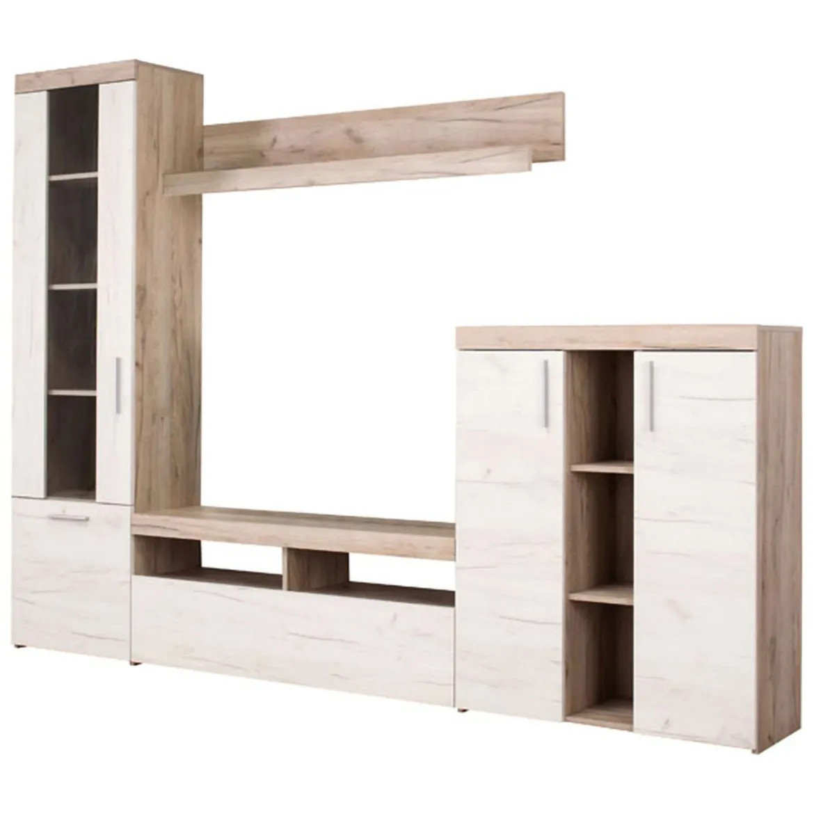 Parete Attrezzata Bianco Larice Marrone Rovere Nodi Modulabile 14 Ripiani 262x35x195h cm, Cassetti - Oggiono