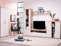 Parete Attrezzata Bianco Larice Marrone Rovere Nodi Modulabile 14 Ripiani 262x35x195h cm, Cassetti - Oggiono