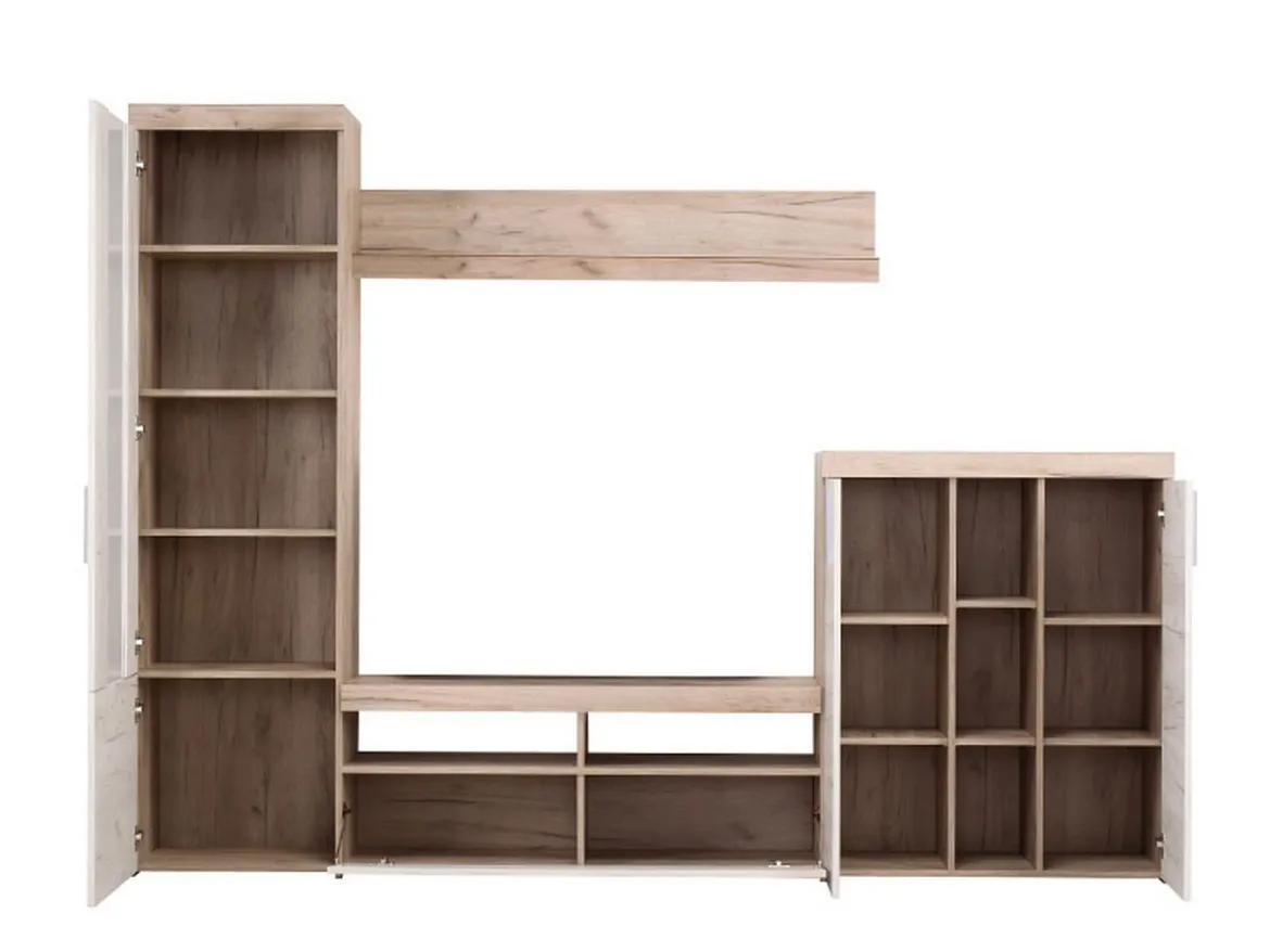 Parete Attrezzata Bianco Larice Marrone Rovere Nodi Modulabile 14 Ripiani 262x35x195h cm, Cassetti - Oggiono