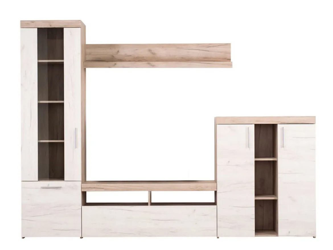 Parete Attrezzata Bianco Larice Marrone Rovere Nodi Modulabile 14 Ripiani 262x35x195h cm, Cassetti - Oggiono