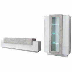 Parete Attrezzata Bianco Lucido Grigio Cemento Modulabile 7 Ripiani, 14 Vani Made in Italy - Maja