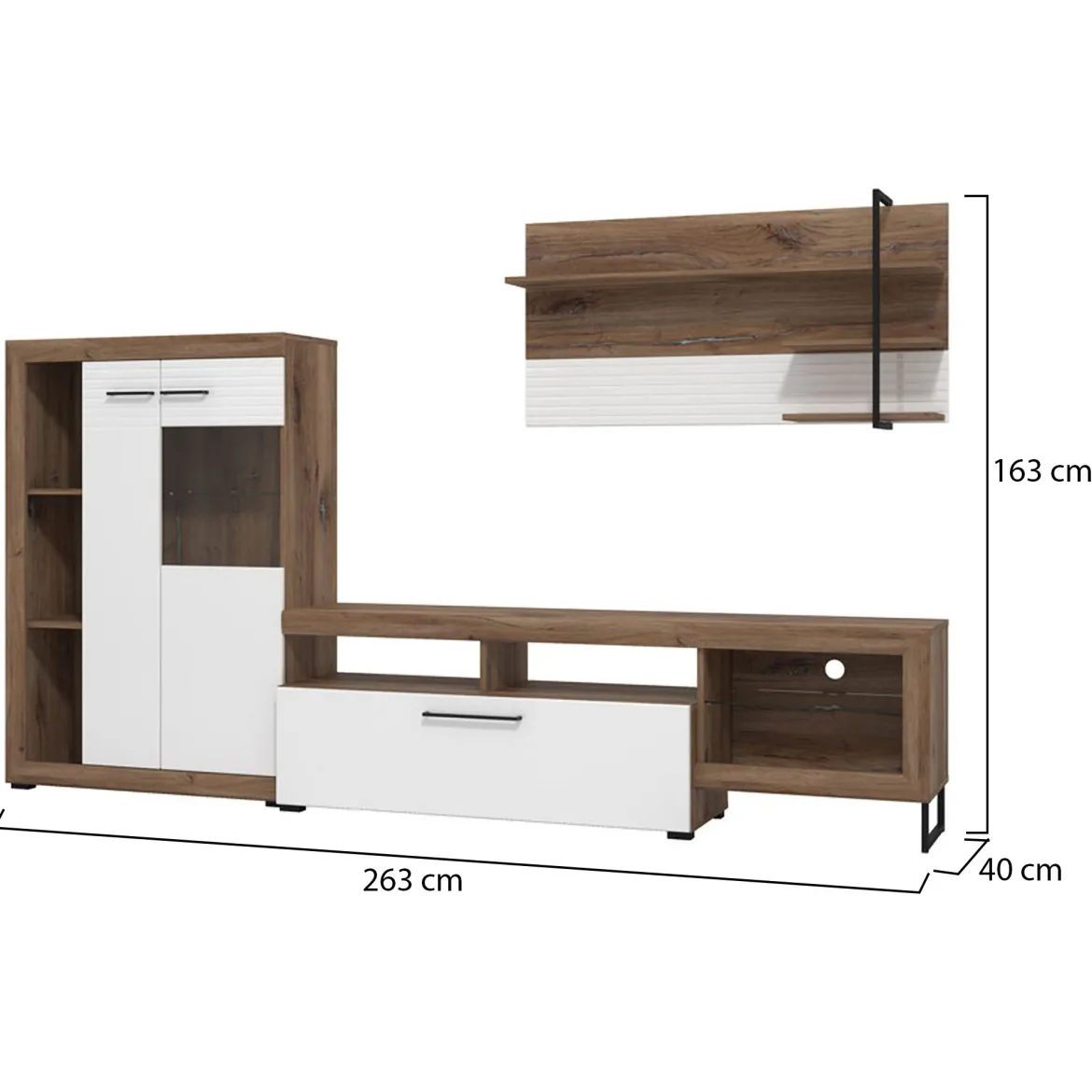 Parete Attrezzata Bianco Marrone Noce Modulabile 10 Ripiani 263x40x162.5h cm, 3 Ante - Dueville