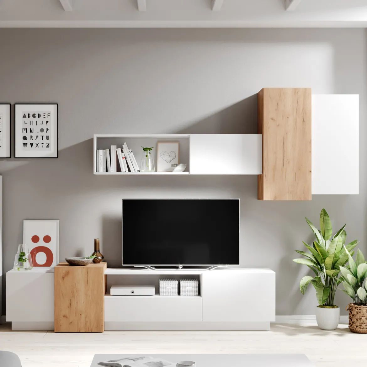 Parete Attrezzata Bianco Marrone Rovere Nodi Modulabile 7 Ripiani, Cassetti - Vicksburg