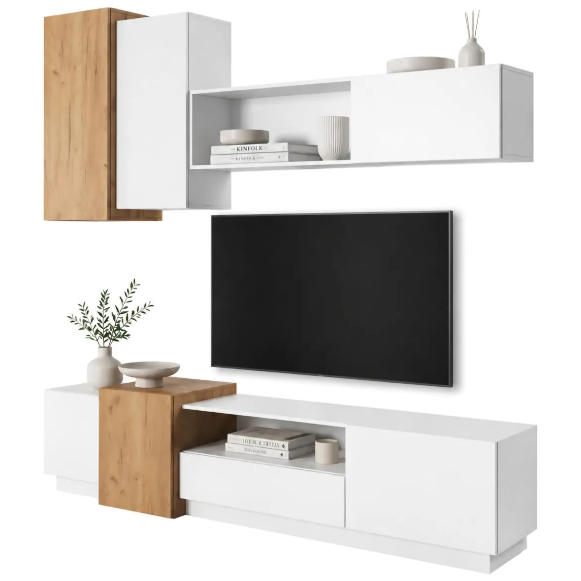 Parete Attrezzata Bianco Marrone Rovere Nodi Modulabile 7 Ripiani, Cassetti - Vicksburg