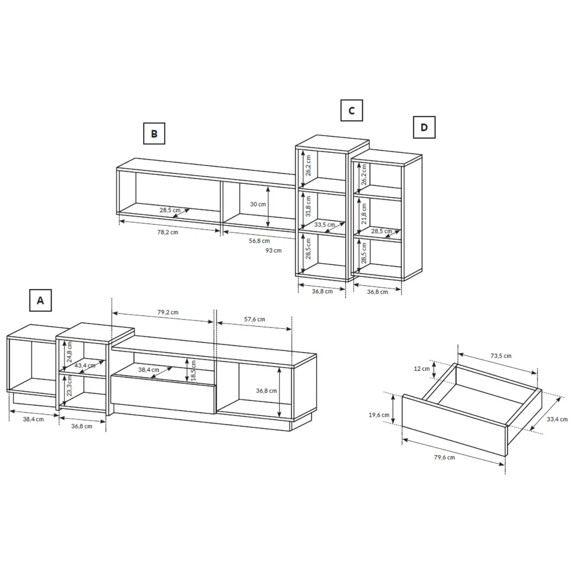 Parete Attrezzata Bianco Marrone Rovere Nodi Modulabile 7 Ripiani, Cassetti - Vicksburg