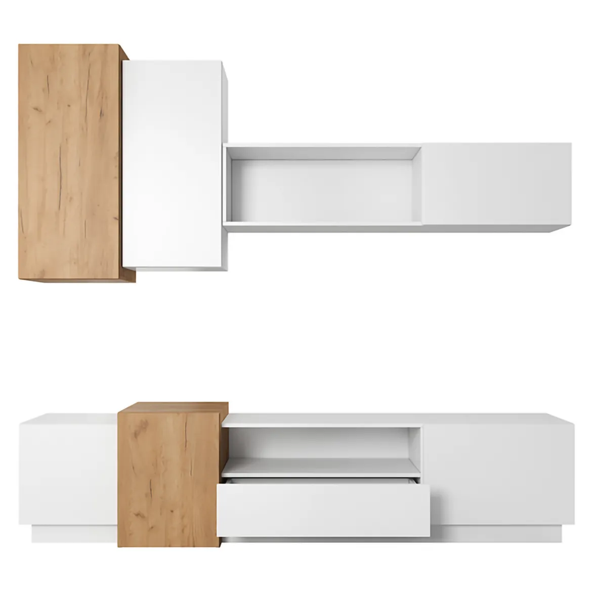 Parete Attrezzata Bianco Marrone Rovere Nodi Modulabile 7 Ripiani, Cassetti - Vicksburg