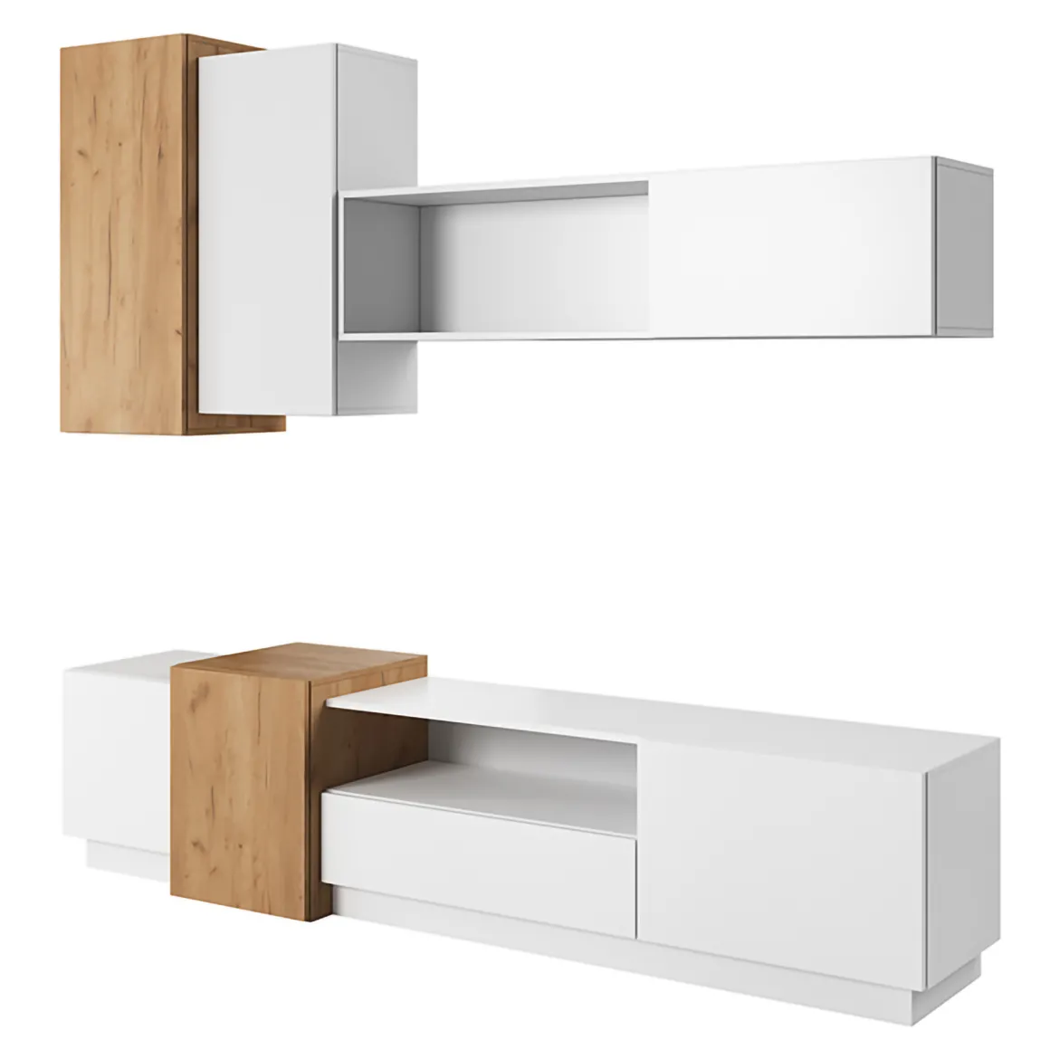 Parete Attrezzata Bianco Marrone Rovere Nodi Modulabile 7 Ripiani, Cassetti - Vicksburg